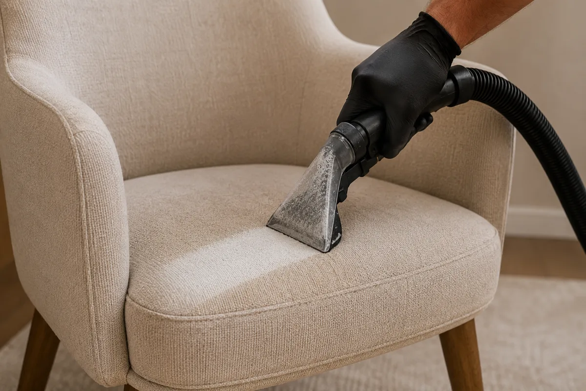 Professional upholstery cleaning of a fabric armchair